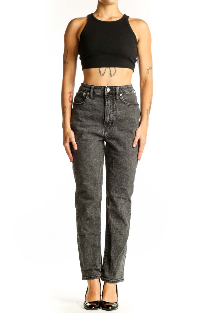 Front view of Madewell gray high-waisted straight leg jeans on model