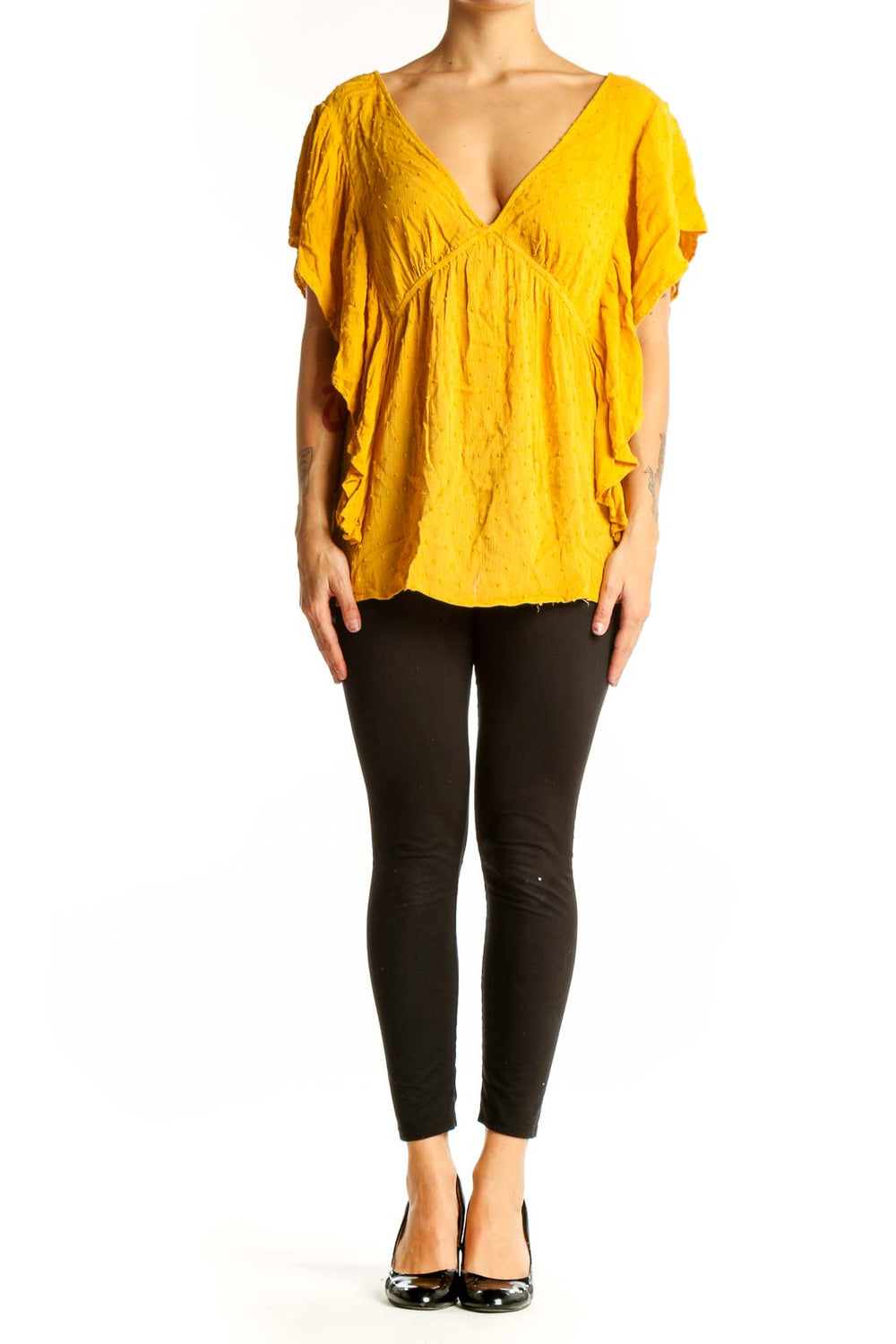 Front view of yellow KORI America V-neck top with flutter sleeves