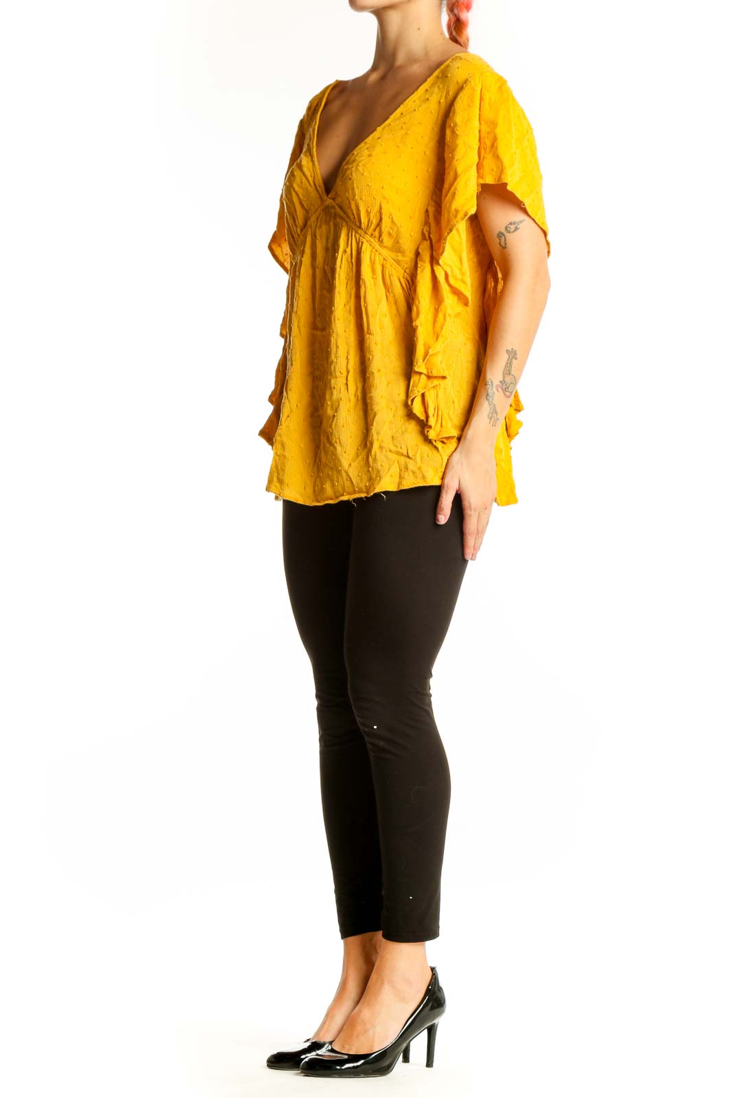 Front view of yellow KORI America V-neck top with flutter sleeves