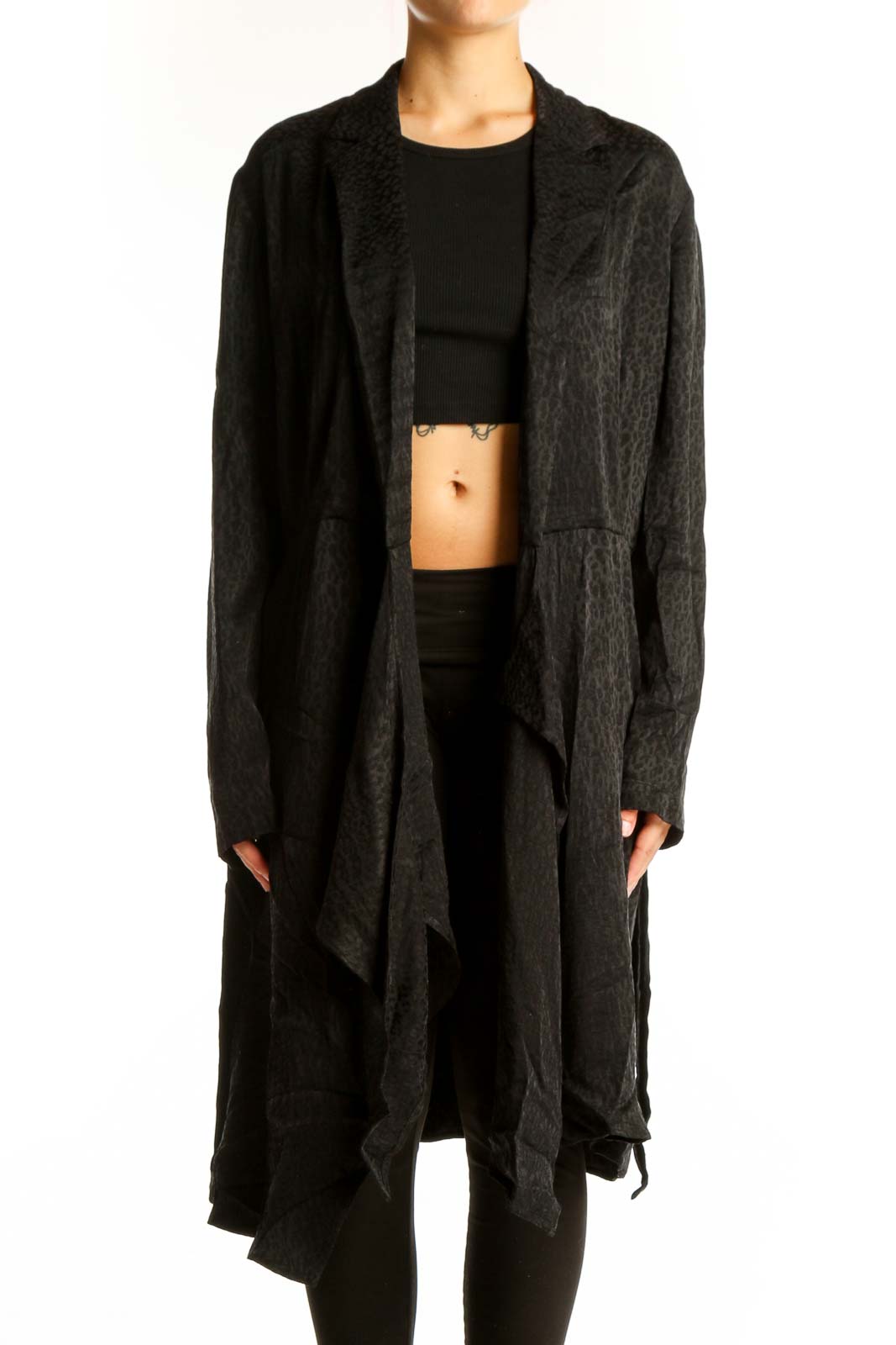 Front view of black draped long cardigan by HUGO Hugo Boss