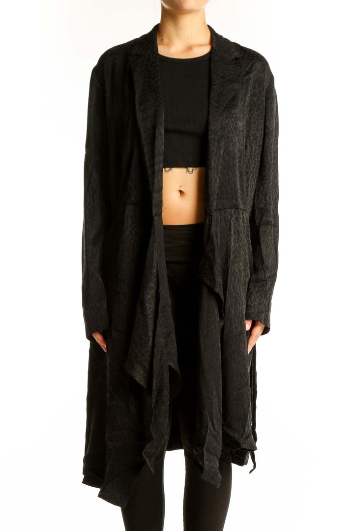 Front view of black draped long cardigan by HUGO Hugo Boss