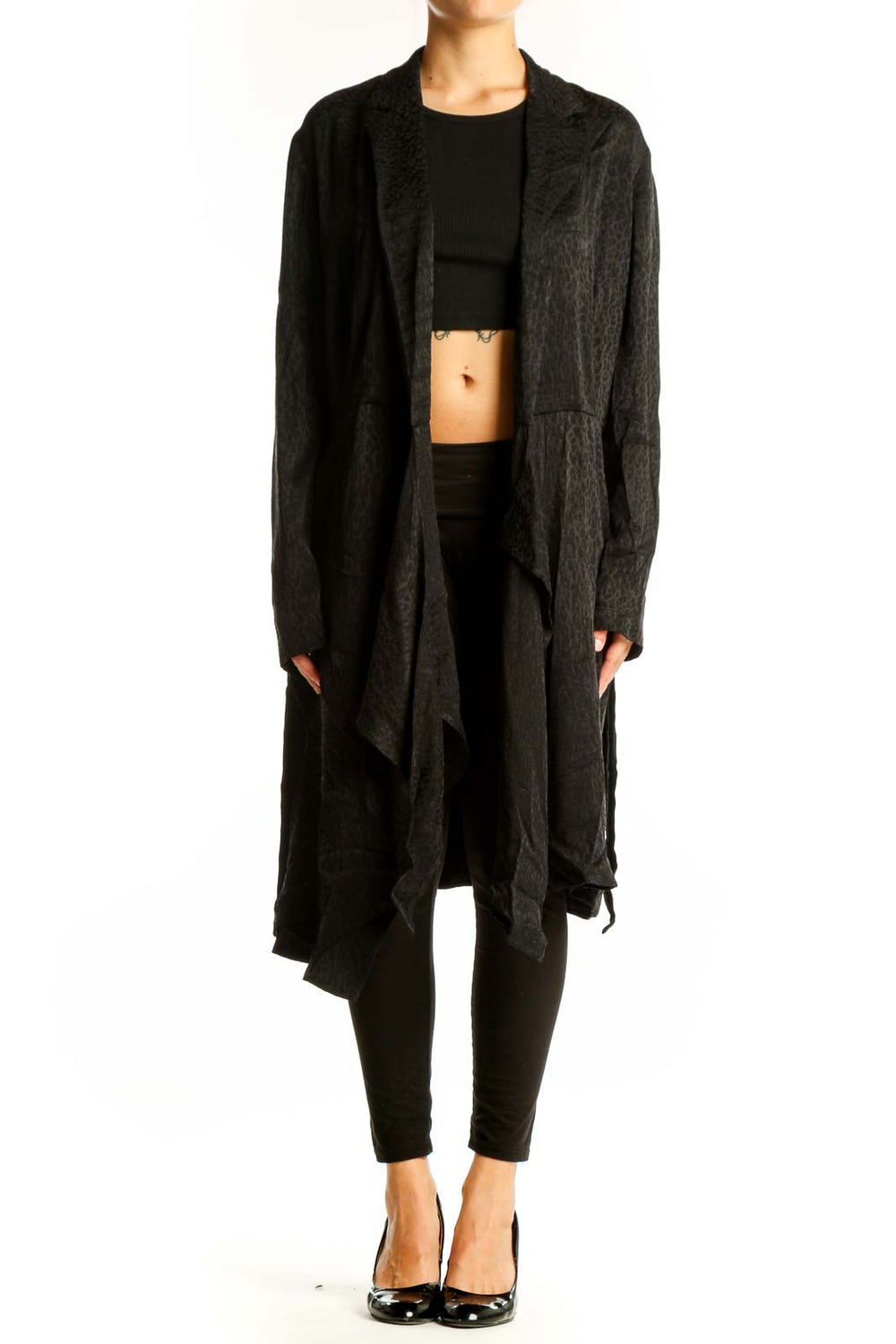 Front view of black draped long cardigan by HUGO Hugo Boss