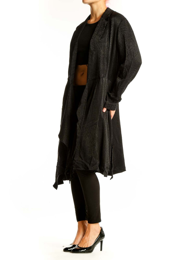 Front view of black draped long cardigan by HUGO Hugo Boss