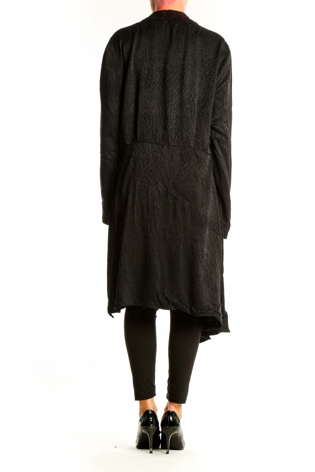 Side view of black draped long cardigan by HUGO Hugo Boss on model