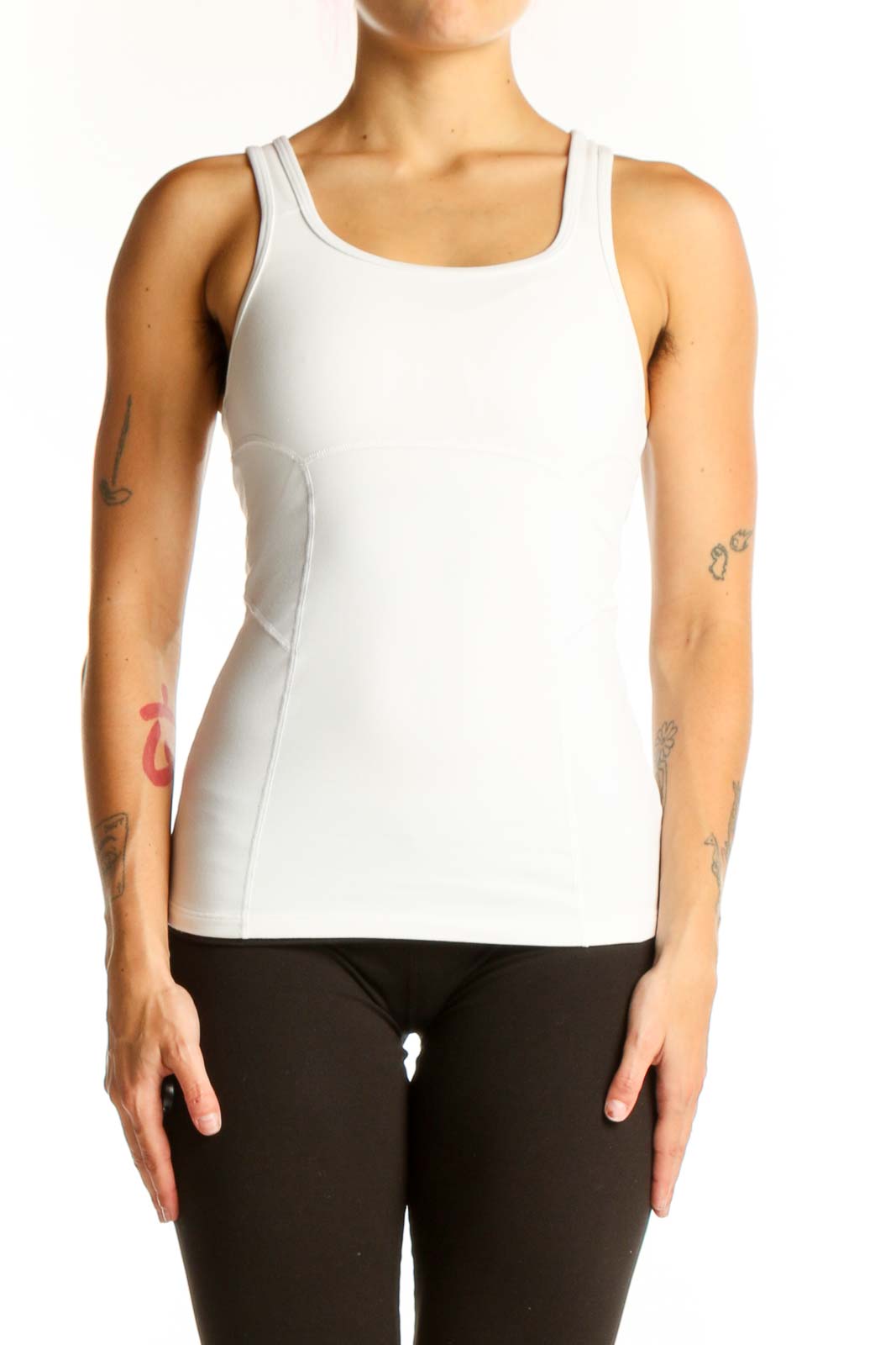 Front view of white Athleta athletic tank top on model