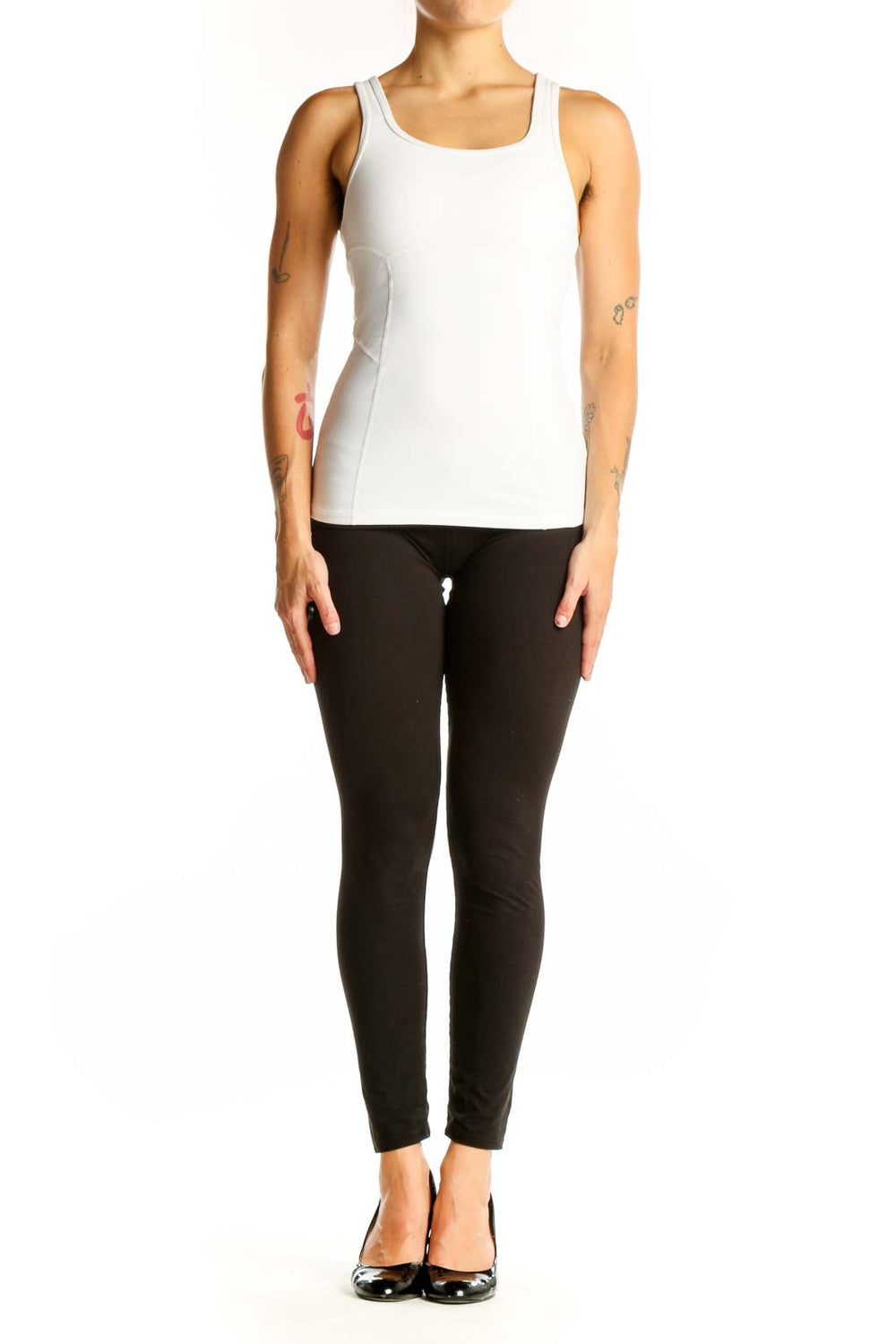 Front view of white Athleta athletic tank top on model