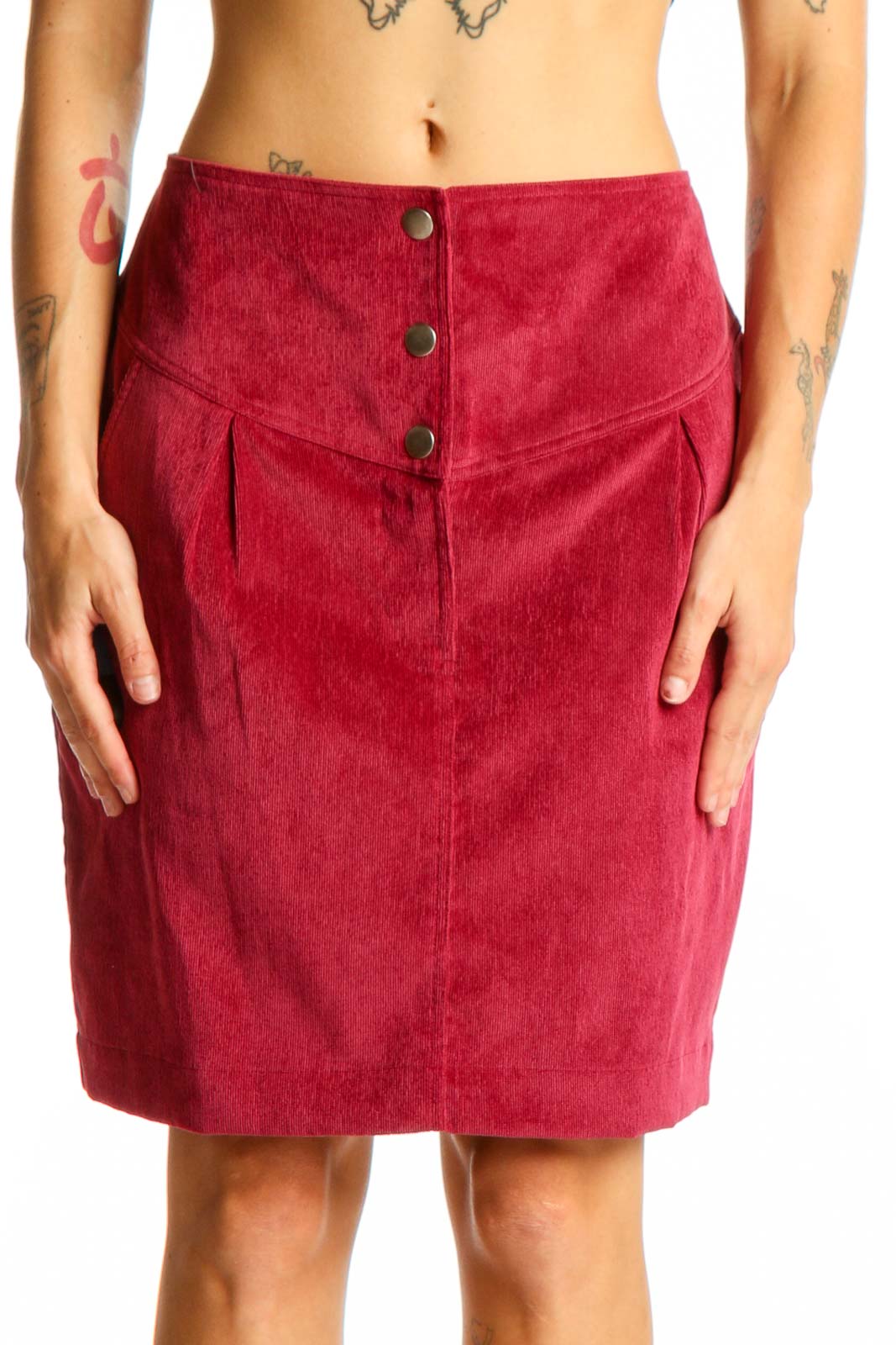 Front view of Rebecca Minkoff red corduroy A-line skirt with button-front detail