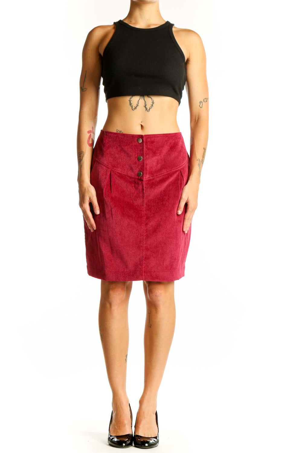 Front view of Rebecca Minkoff red corduroy A-line skirt with button-front detail