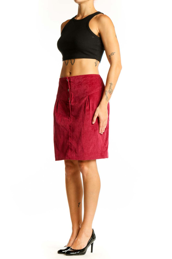 Front view of Rebecca Minkoff red corduroy A-line skirt with button-front detail