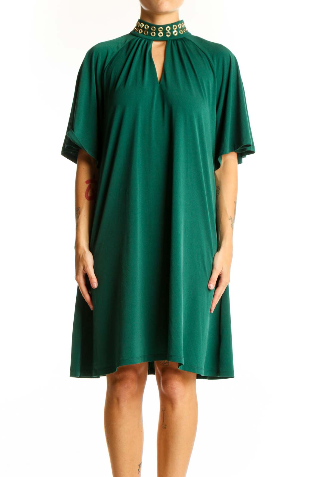 Front view of green Michael Kors cocktail dress with embellished neck