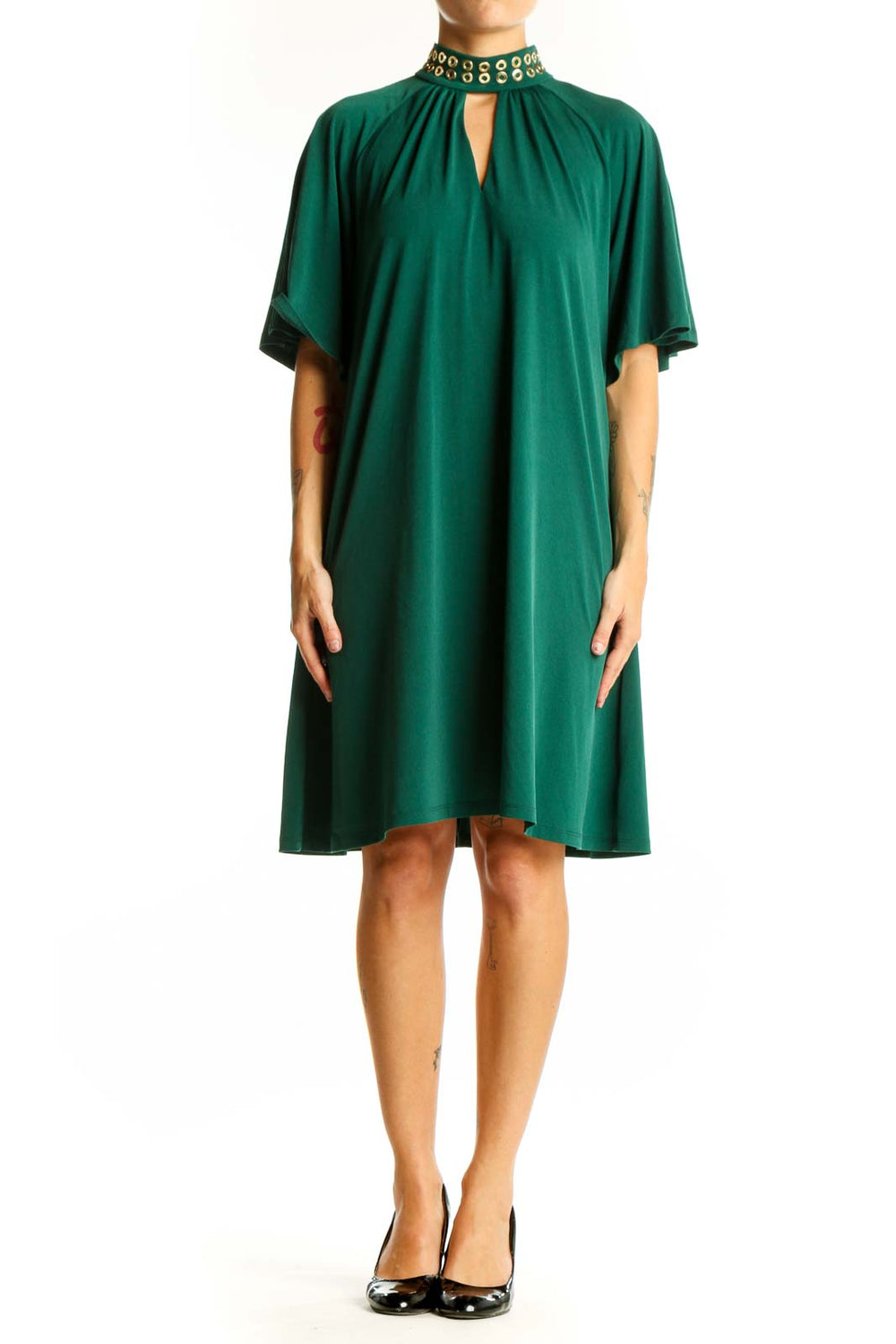 Front view of green Michael Kors cocktail dress with embellished neck