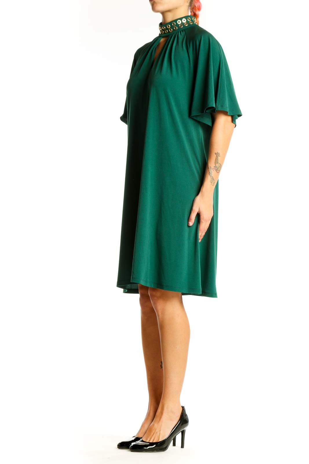 Front view of green Michael Kors cocktail dress with embellished neck