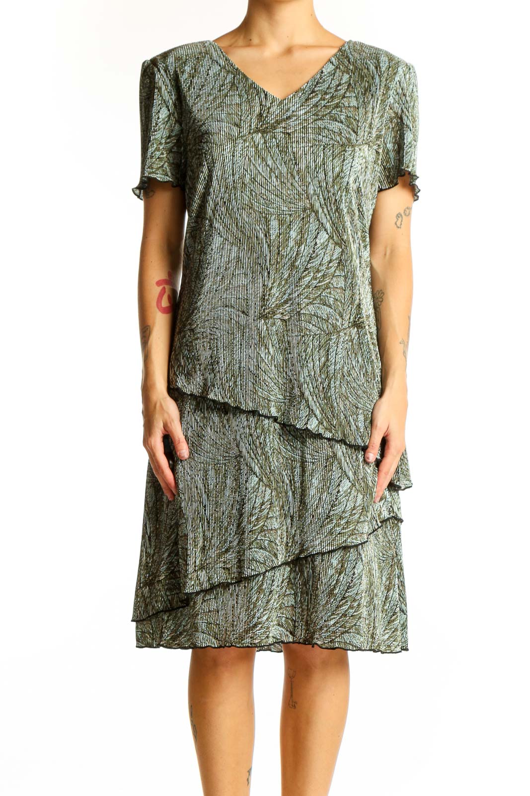 Front view of Connected Apparel green floral tiered midi dress with V-neckline