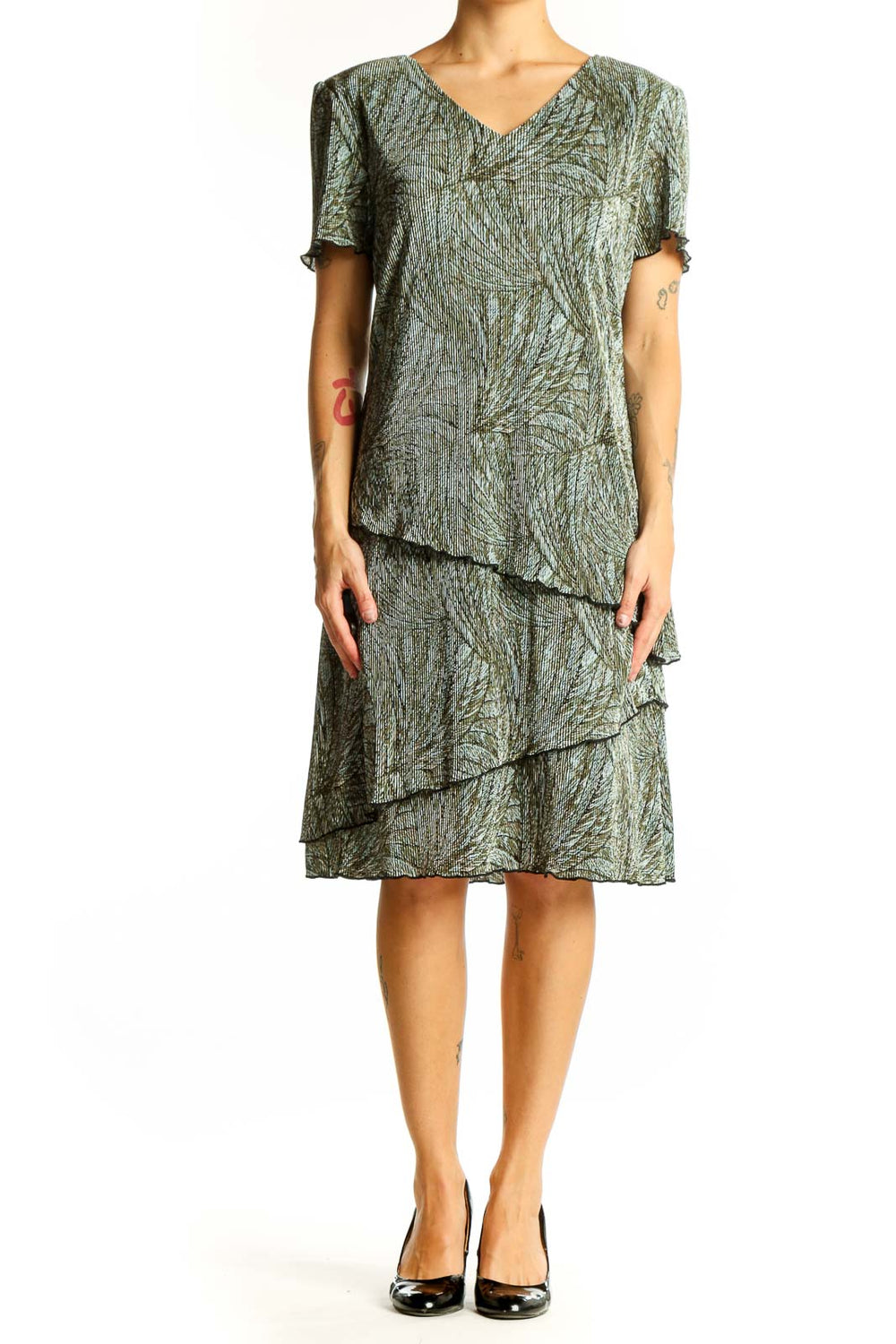 Front view of Connected Apparel green floral tiered midi dress with V-neckline