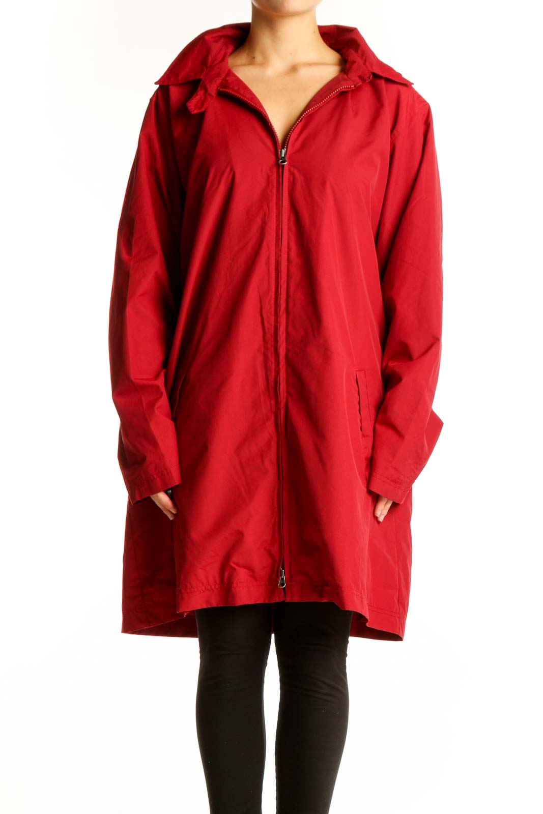 Front view of red Eddie Bauer nylon jacket with hood and zipper