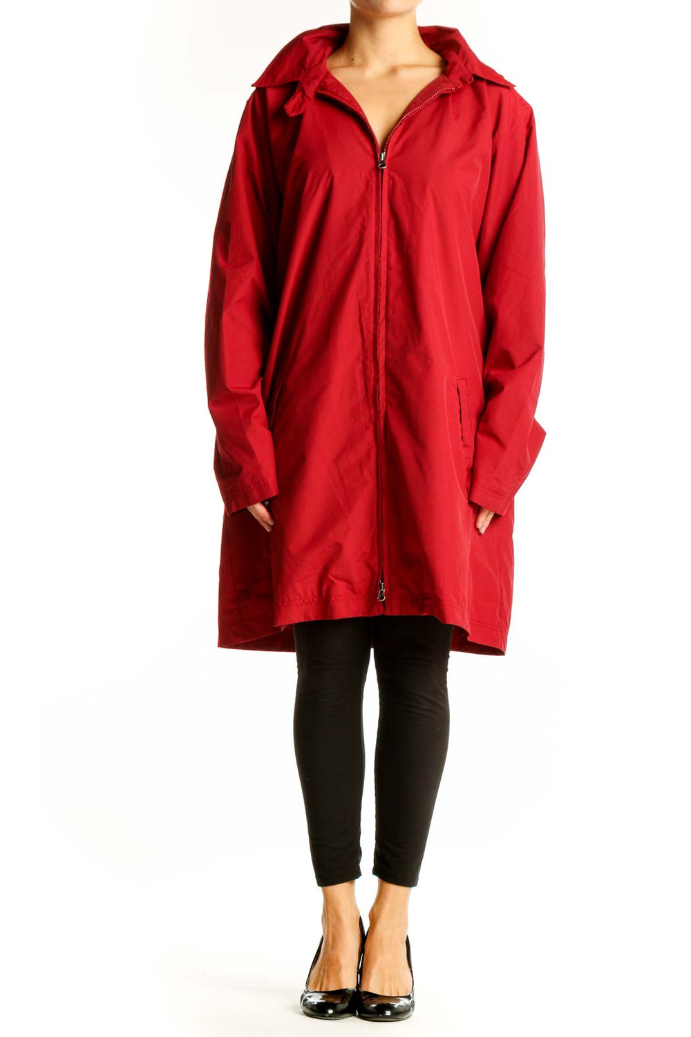 Front view of red Eddie Bauer nylon jacket with hood and zipper