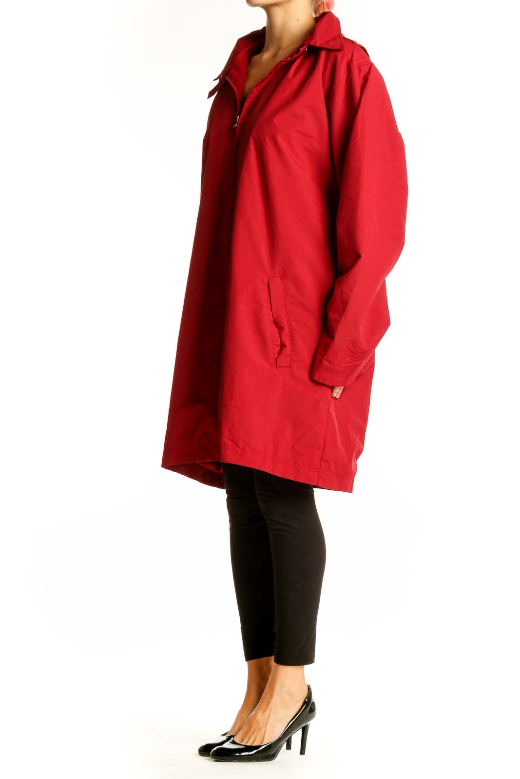 Front view of red Eddie Bauer nylon jacket with hood and zipper