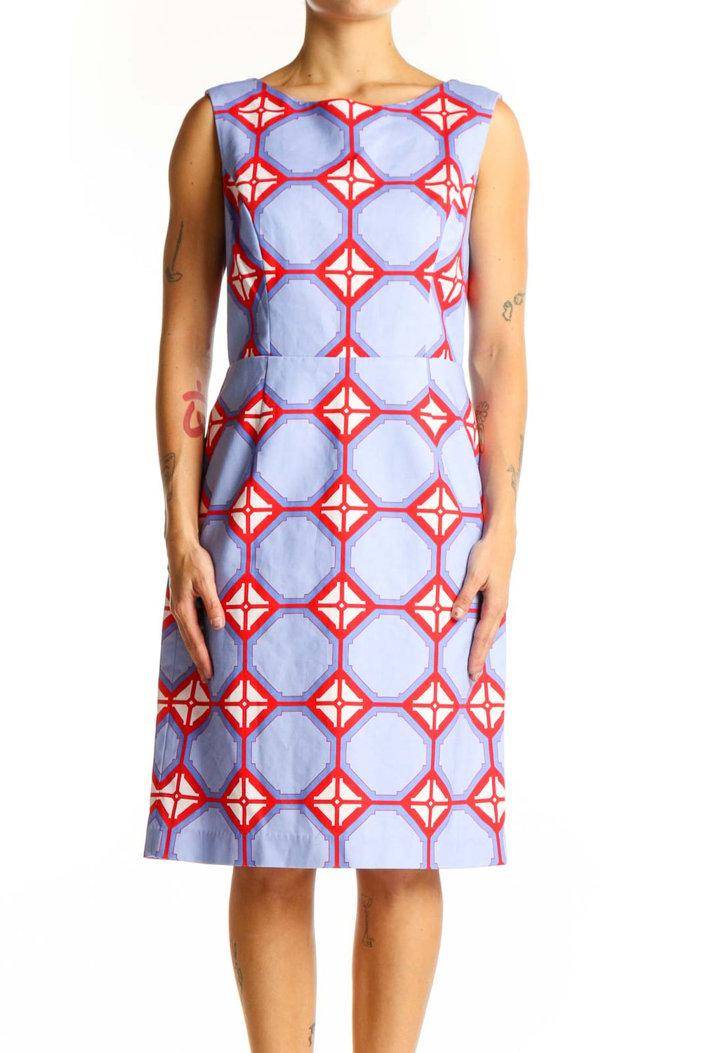 Front view of Elizabeth McKay blue and red geometric print sleeveless dress