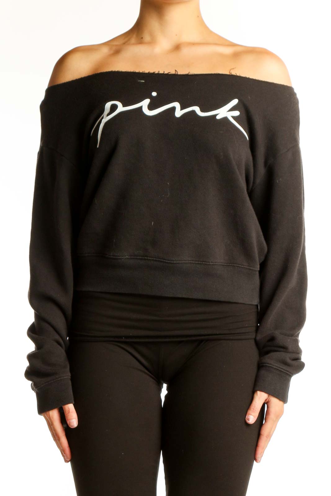 Front view of black off-shoulder cropped sweatshirt with Pink Victoria's Secret logo