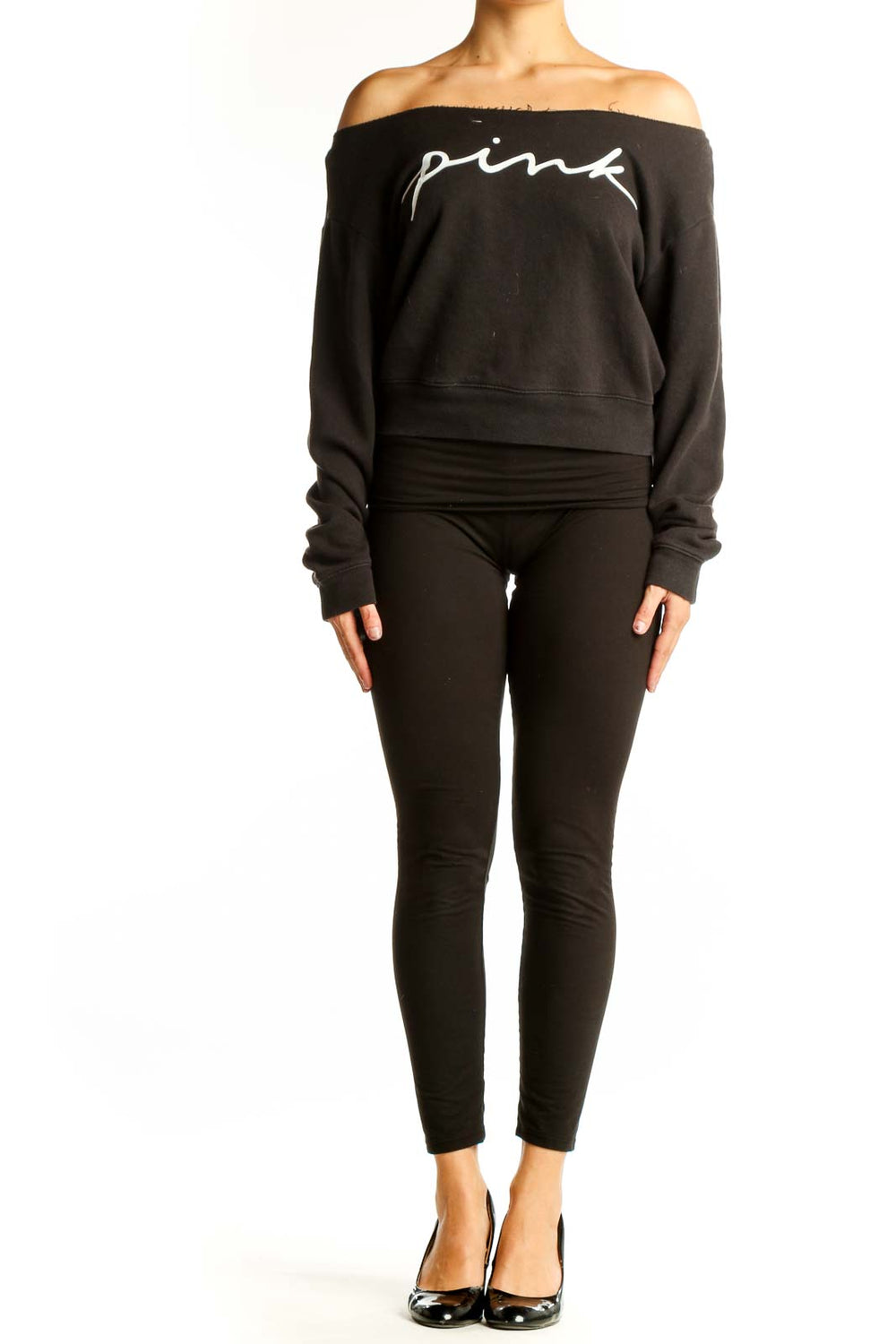 Front view of black off-shoulder cropped sweatshirt with Pink Victoria's Secret logo