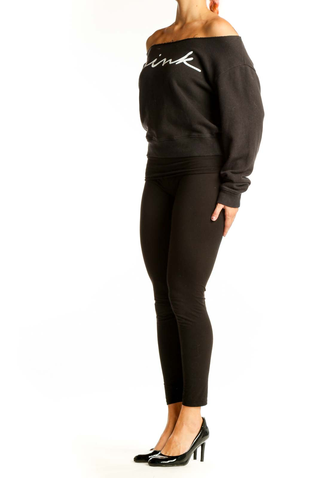 Front view of black off-shoulder cropped sweatshirt with Pink Victoria's Secret logo