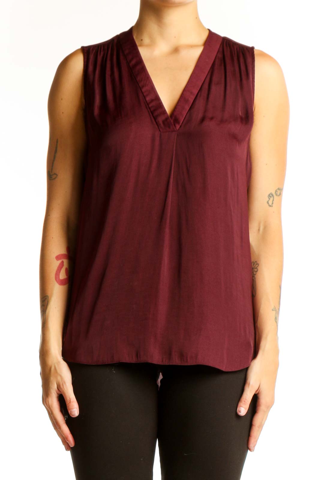 Front view of Vince Camuto burgundy sleeveless V-neck top