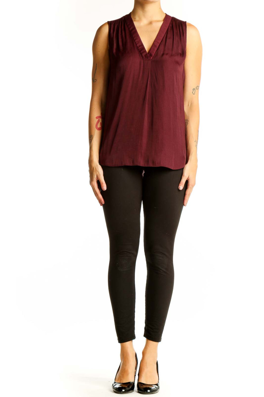 Front view of Vince Camuto burgundy sleeveless V-neck top