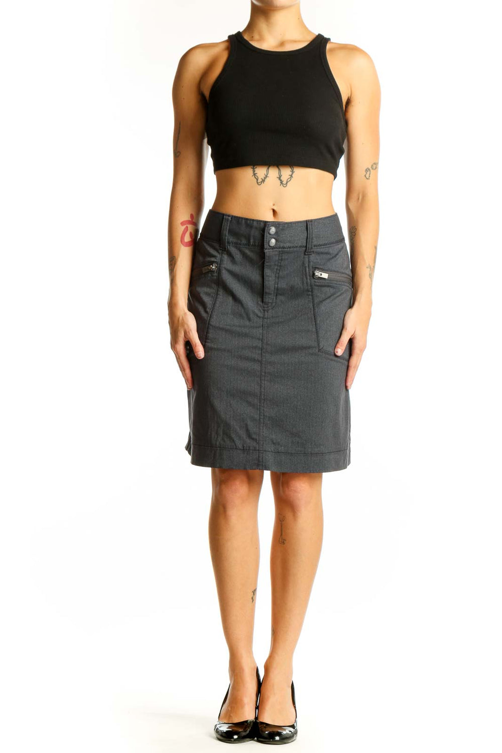 Front view of gray Athleta A-line skirt with zippered pockets