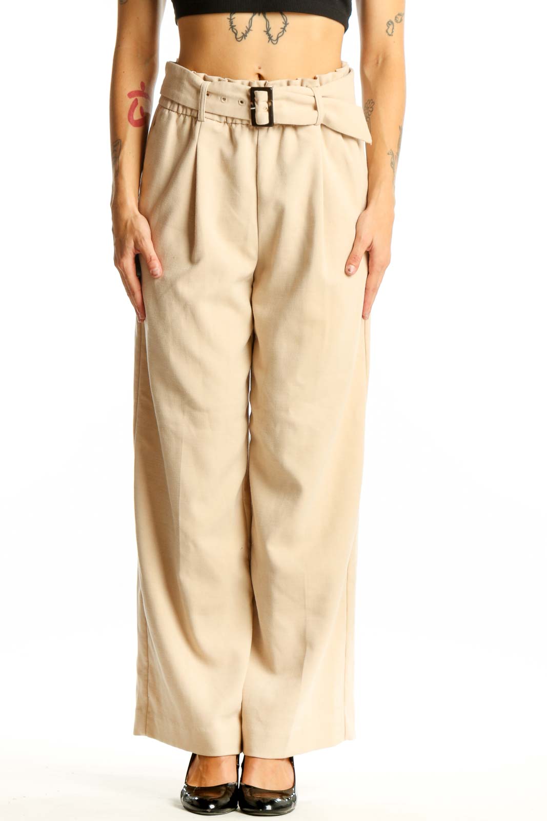 Front view of Ann Taylor beige high-waisted wide-leg pants with belt