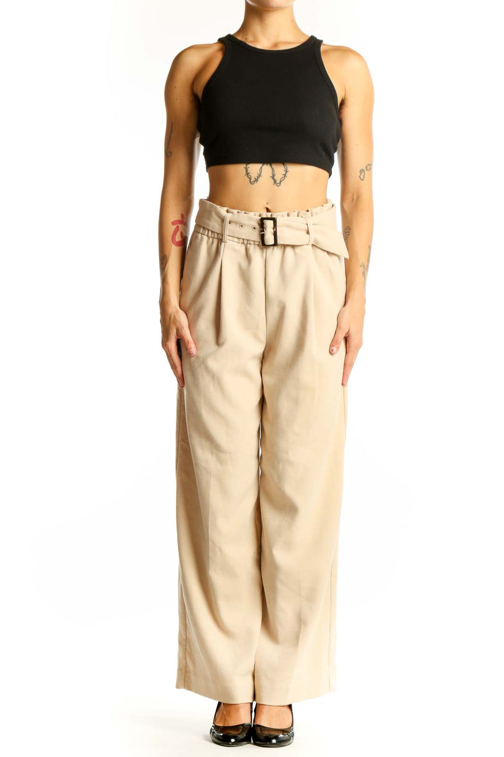 Front view of Ann Taylor beige high-waisted wide-leg pants with belt