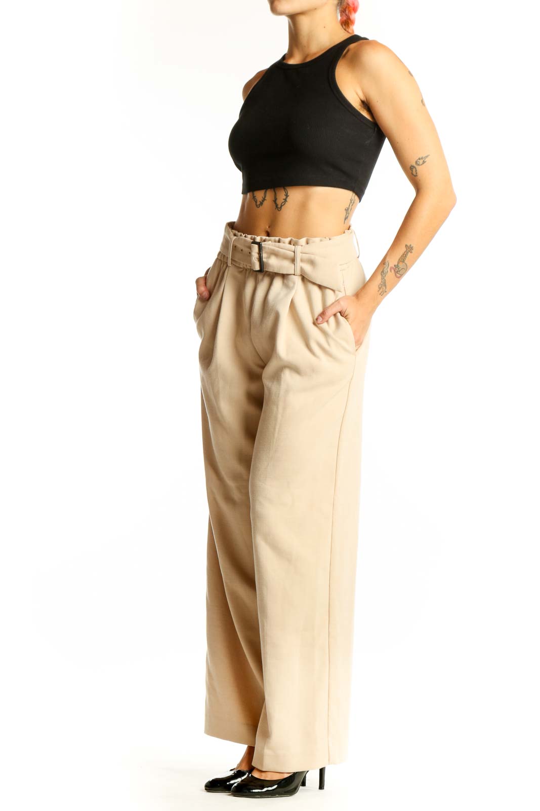 Front view of Ann Taylor beige high-waisted wide-leg pants with belt