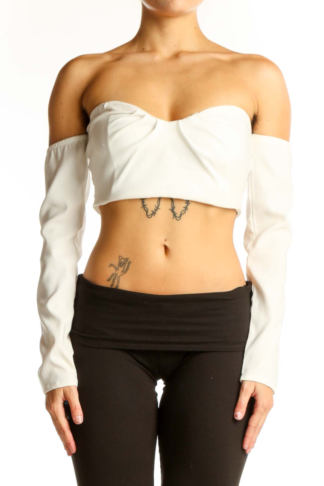 Front view of white off-shoulder crop top from Zara with sweetheart neckline