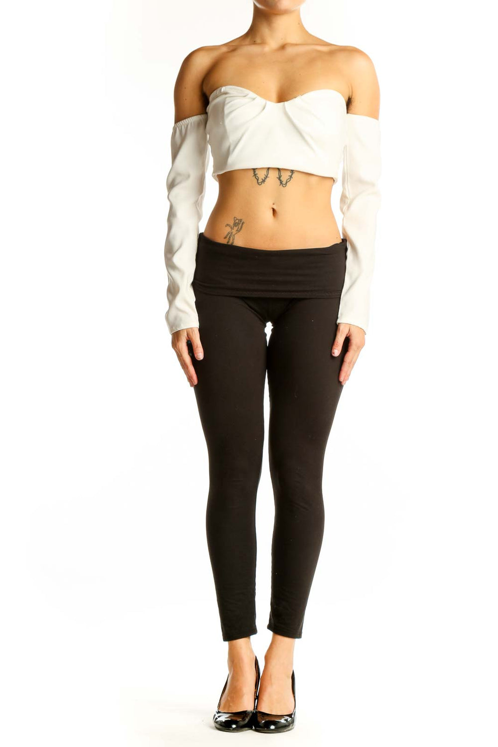 Front view of white off-shoulder crop top from Zara with sweetheart neckline