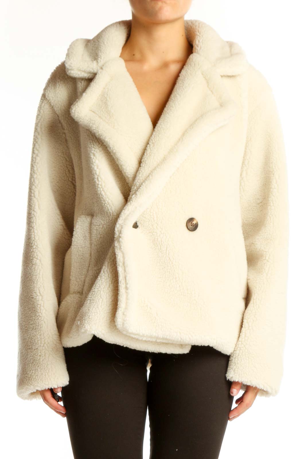 Front view of cream Gap double-breasted teddy coat