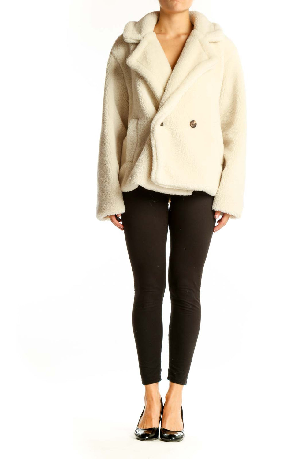 Front view of cream Gap double-breasted teddy coat