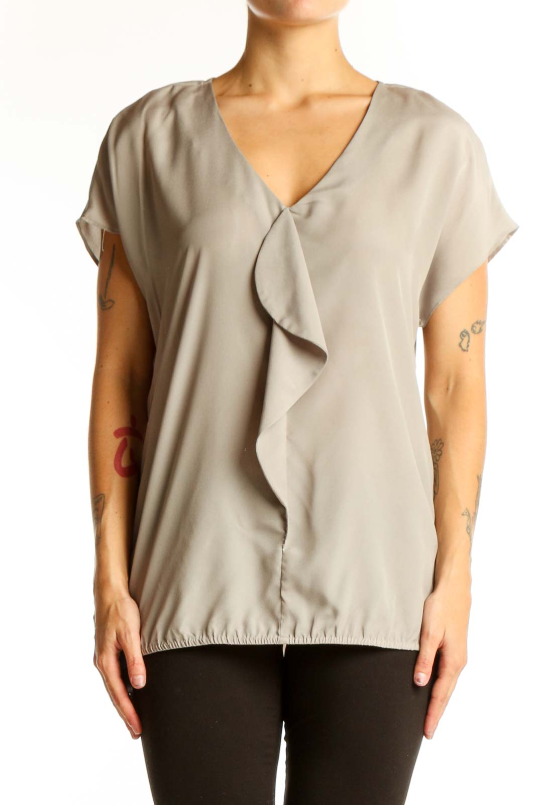 Front view of beige LOFT blouse with ruffled V-neck and short sleeves