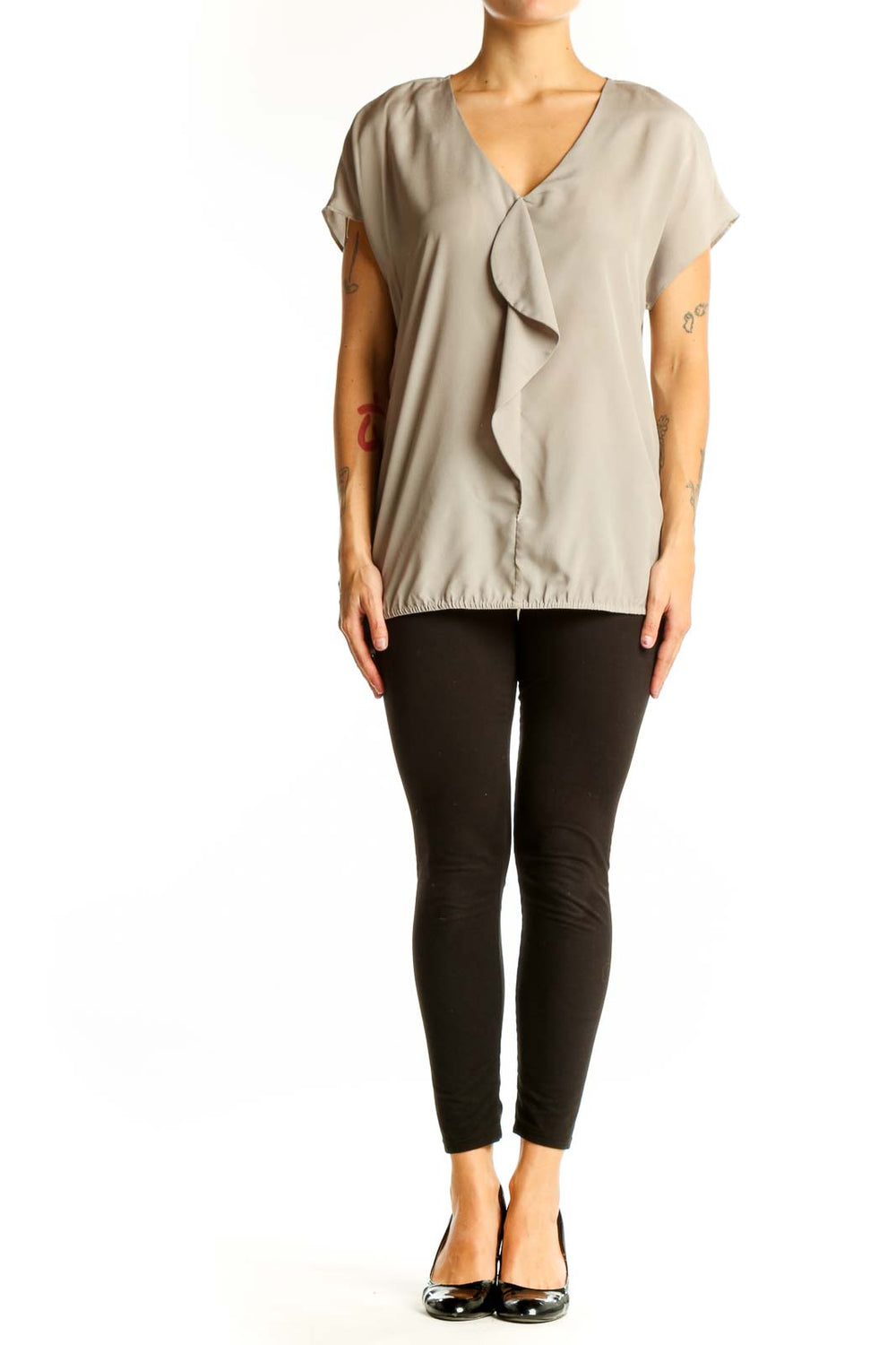 Front view of beige LOFT blouse with ruffled V-neck and short sleeves