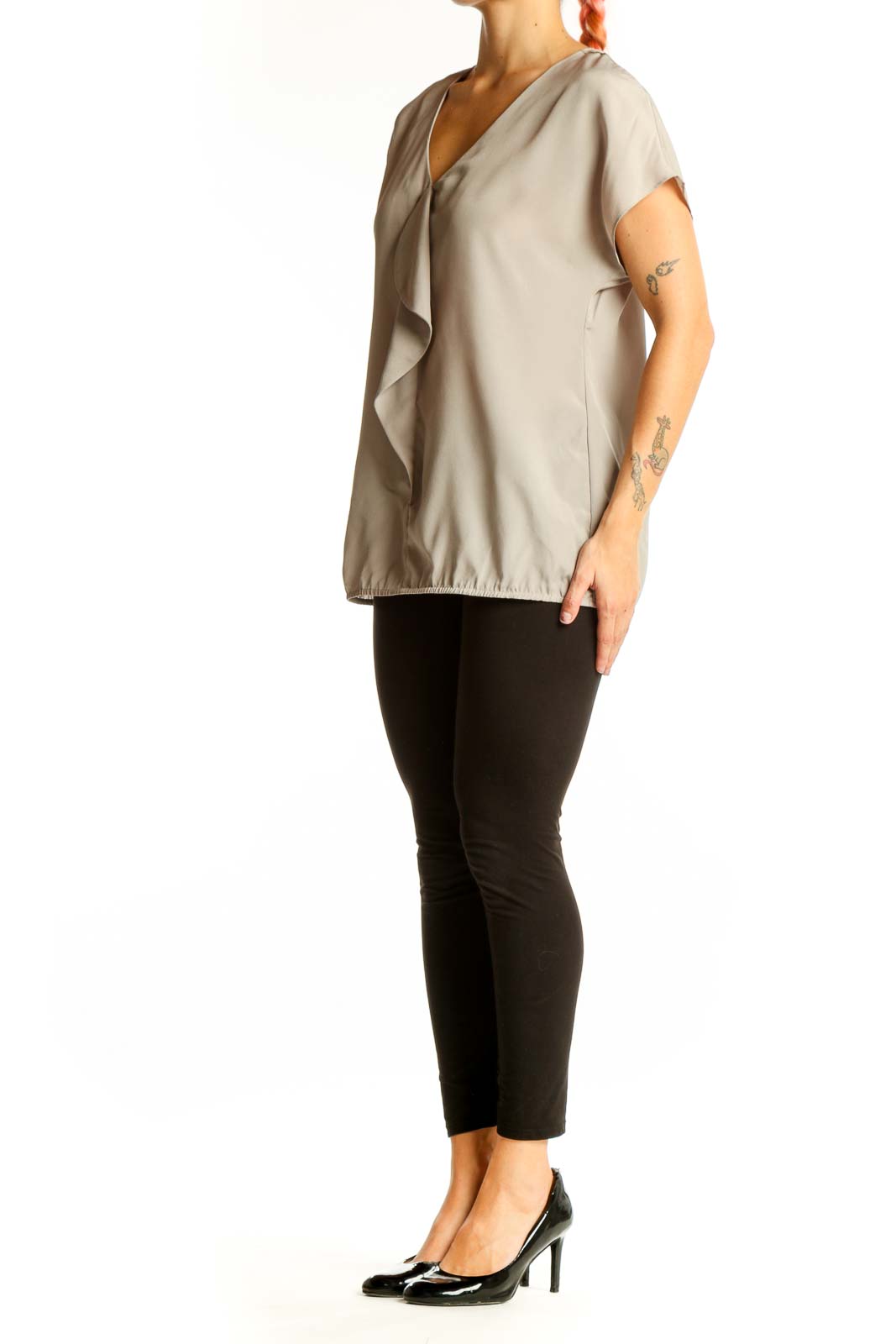 Front view of beige LOFT blouse with ruffled V-neck and short sleeves
