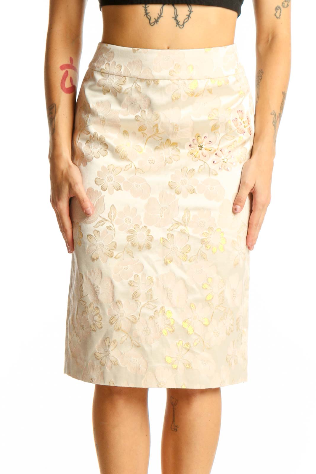 Front view of cream floral embroidered pencil skirt from Banana Republic