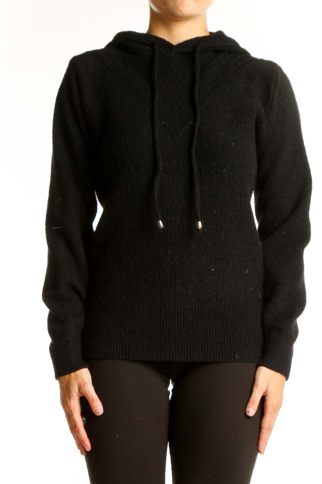 Front view of S. Christina black cashmere hooded sweater with ribbed texture
