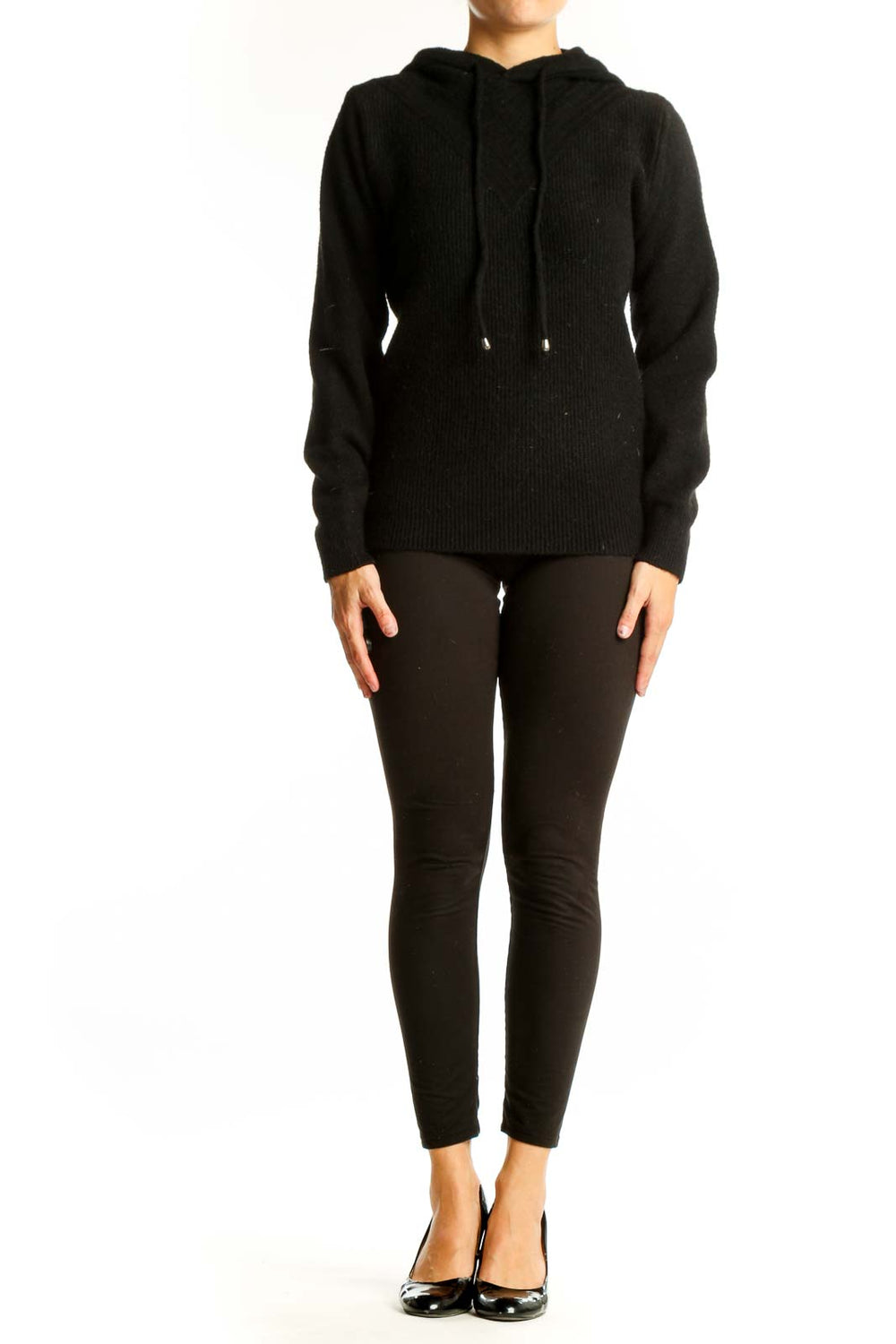 Front view of S. Christina black cashmere hooded sweater with ribbed texture