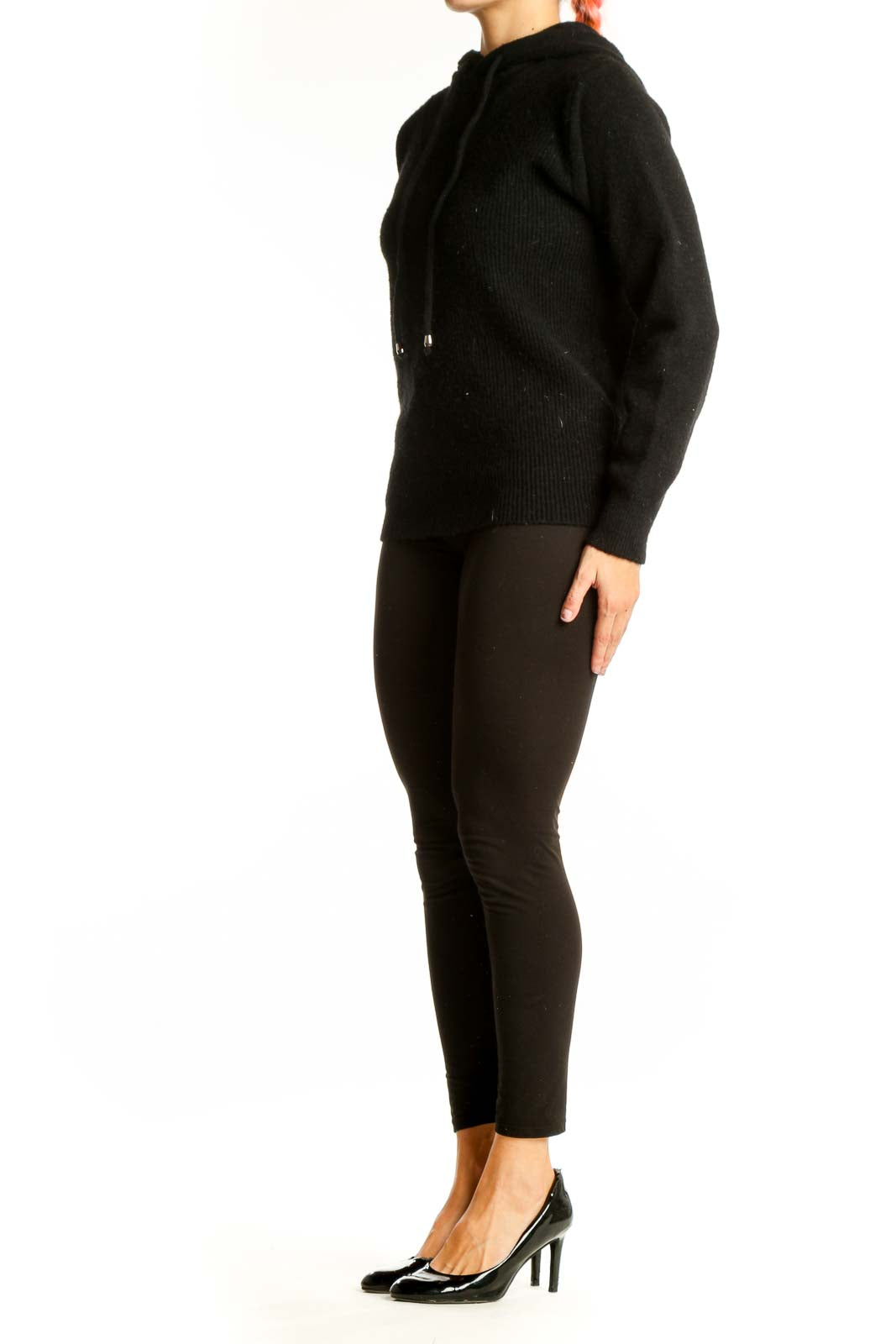 Front view of S. Christina black cashmere hooded sweater with ribbed texture