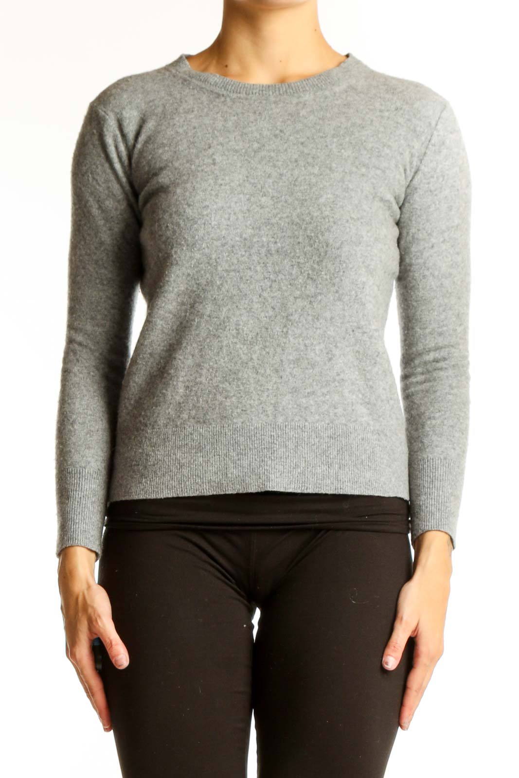 Front view of gray cashmere crewneck sweater from Banana Republic