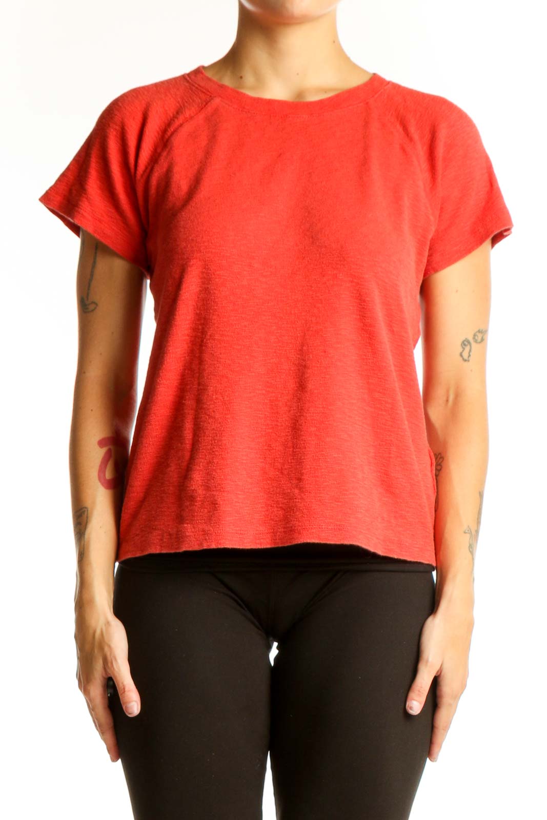 Front view of red Madewell t-shirt with crew neck and short sleeves