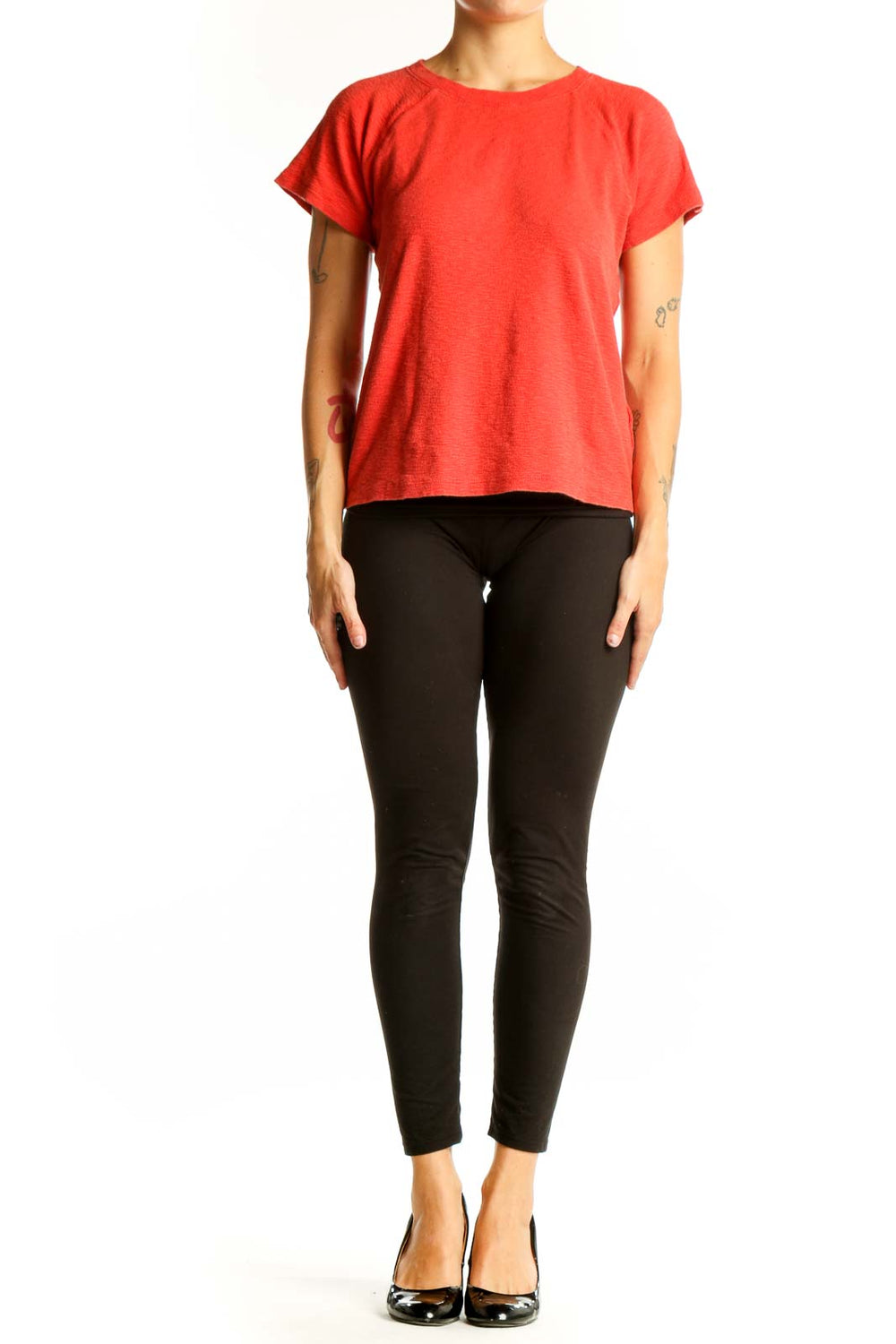 Front view of red Madewell t-shirt with crew neck and short sleeves