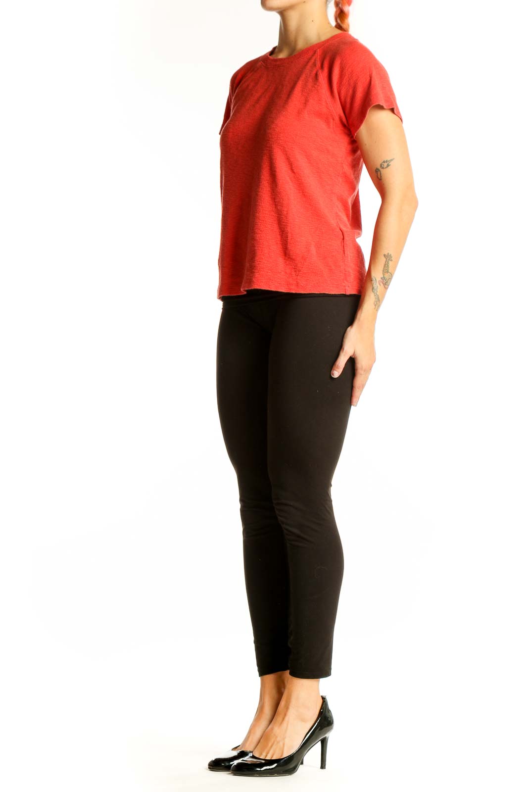 Front view of red Madewell t-shirt with crew neck and short sleeves