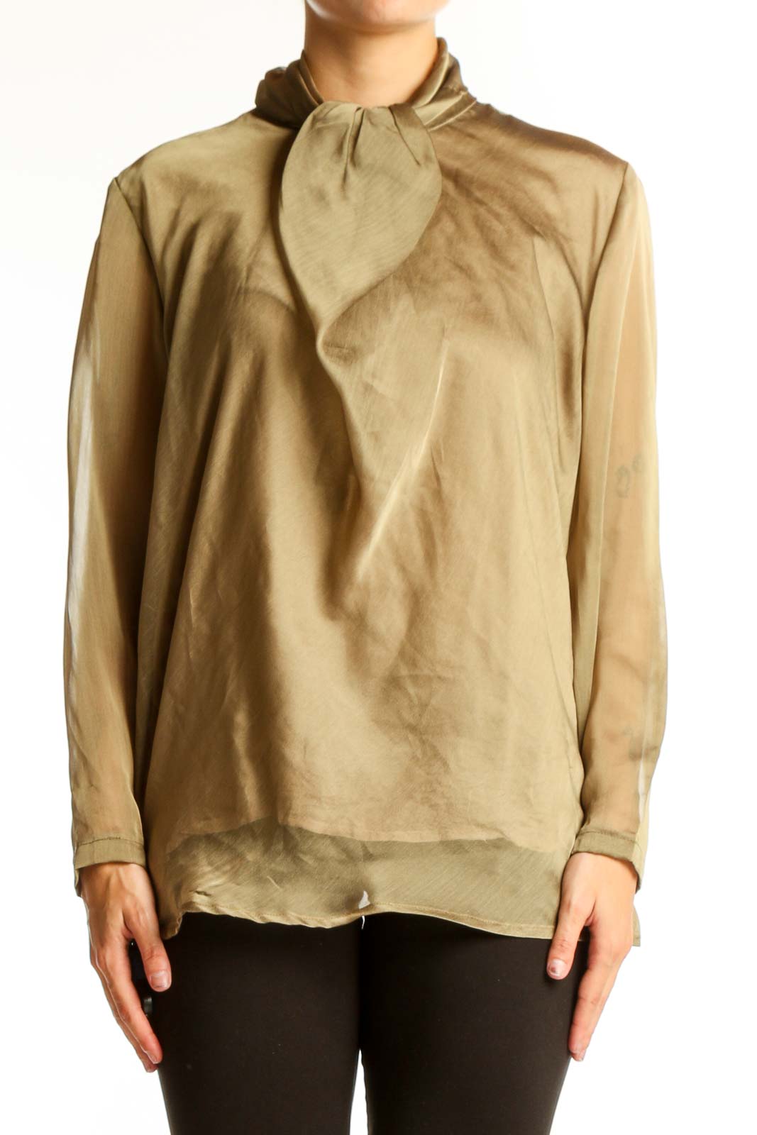 Front view of beige tie-neck blouse from Casual Corner