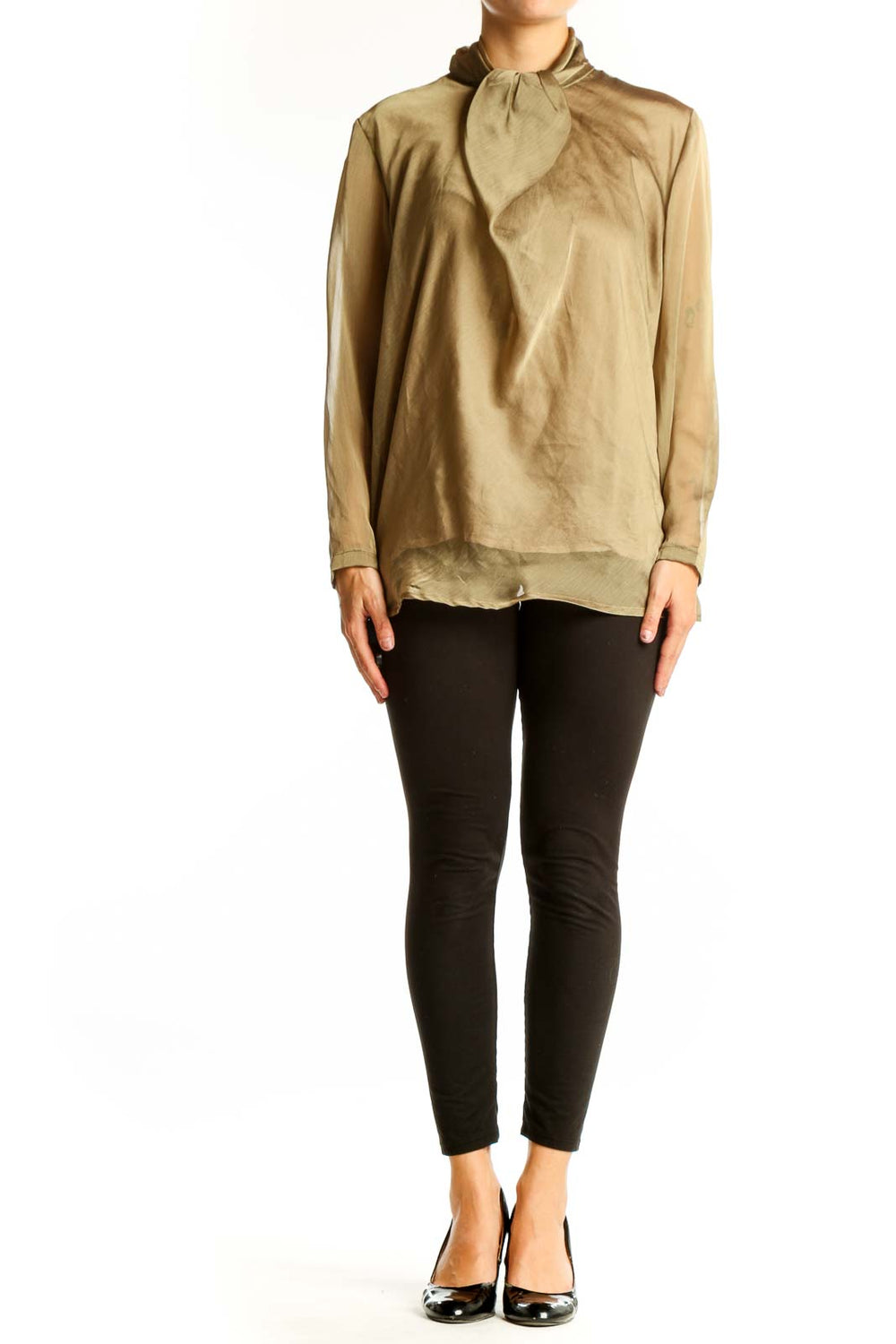 Front view of beige tie-neck blouse from Casual Corner