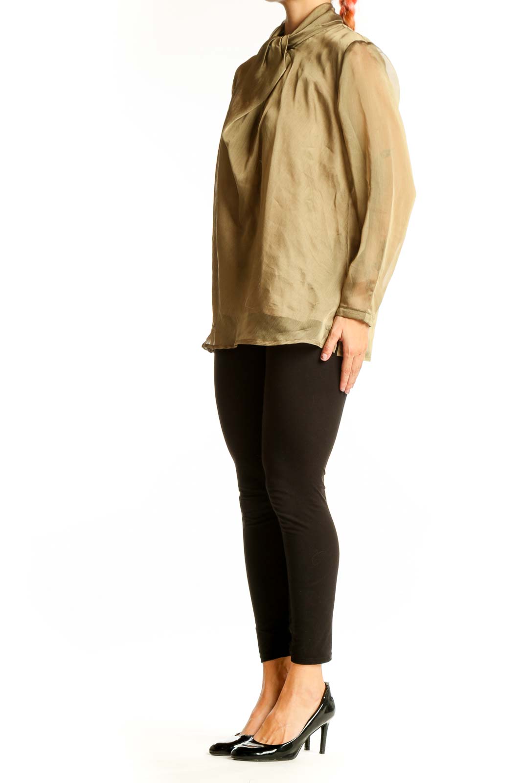 Front view of beige tie-neck blouse from Casual Corner