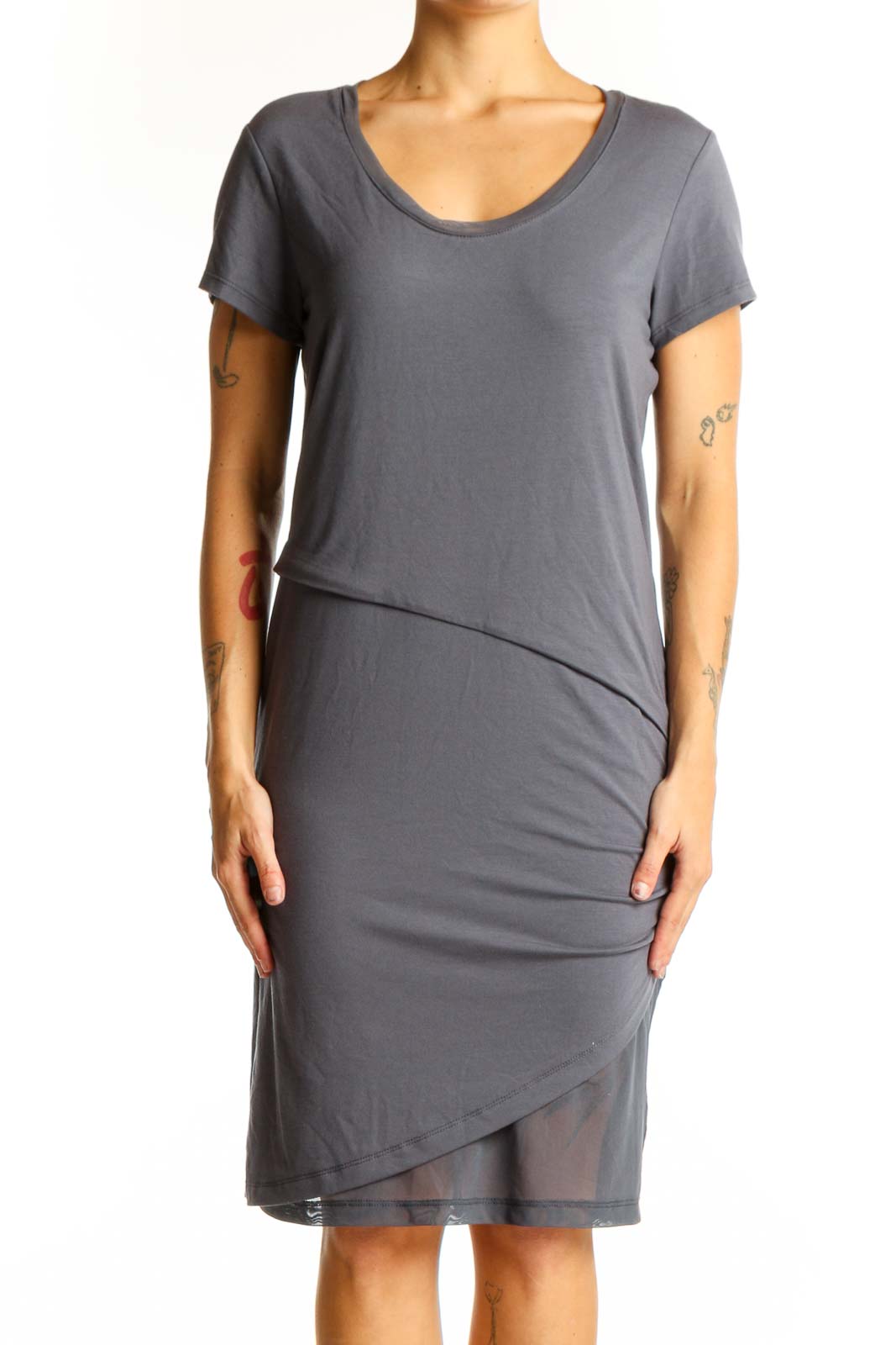 Front view of gray Halcyon dress with asymmetrical hem and ruching